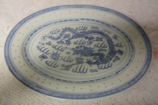 Oval Blue & White Chinese Translucent Rice Eyes Dragon Pattern Plate Platter 14 "