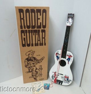 Vintage 1950s Emenee 1604 Rodeo Cowboy Western 6 String Toy Guitar & Orig Box