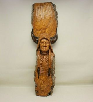Arlo Furniss 1993 Wood Hand Carving Native American Indian Face Sculpture