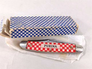 Vtg 1950s KUTMASTER 3 - Blade Stockman Pocket Knife PURINA Advertising Orig.  box 2