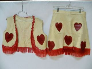 Charming Vintage Cowgirl Costume Made Of Felt With Applique Hearts,  Red Fringe