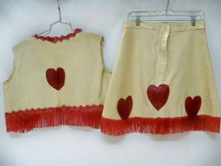 Charming Vintage Cowgirl Costume made of felt with Applique Hearts,  Red Fringe 2