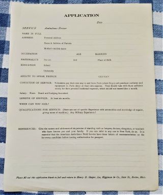 Ww1 Us American Field Service Application For Volunteers In France