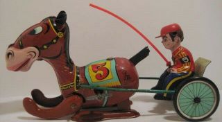 Old Tin Wind Up Comical Horse & Jockey Toy By Mikuni Japan 1950s