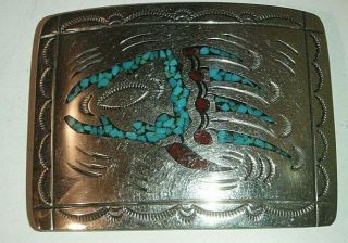 J Nezzie Turquoise Inlay Bear Claw Belt Buckle Native American Sterling Silver