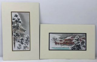 Uchida Japanese Woodblock Prints Winter Snow Pagoda Temple Matted