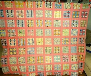 Vintage Squares In Square Patchwork Quilt Hand Made Hand Pieced 75 X 82 Cotton