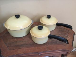Set Of 3 Vintage Club Gold Aluminum Kitchen Pans 3 Quart Roaster & 2 Pans W/lids