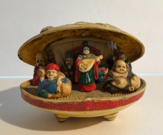 Japanese Seven 7 Gods Good Fortune Luck Clamshell Clam Celluloid Figures Shell