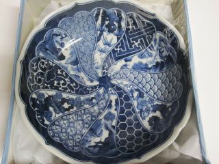 Vintage Japanese Imari Blue & White 10 " Porcelain Landscape Serving Bowl -