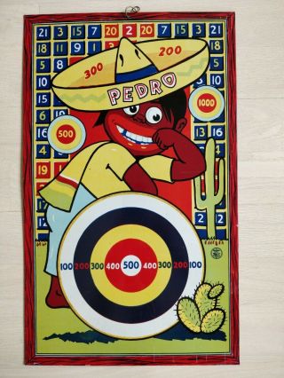 22 " Pedro Metal Tin Dart Game Target Board Lithograph Vintage