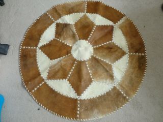 Vintage Cowhide Rug Brown Skin Carpet Leather Round Star Flower Patchwork Hide