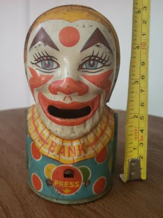 Vintage Tin Litho J.  Chein & Co.  Circus Clown Face Coin Bank Made In Usa