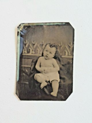 Antique Tin Type Photo Very Cute Baby Boy In Shorts With No Shirt Wavy Hair 6374