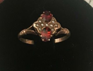 Vintage Art Deco 9k Rose Gold Seed Pearls And Garnet Colored Stones Ring.