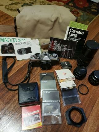 Minolta Xg - 1 35mm Film Camera W/ 3 Lenses,  Vintage Canvas Bag & More