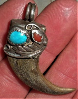 Vintage Navajo Turquoise & Coral Sterling Silver Pendant Vafo