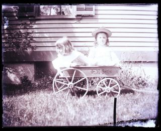One (1) Late 1800s/early 1900s Glass Negative; Two Children In Great Old Cart