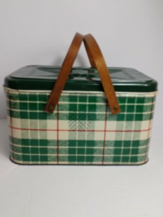 Vintage Green Plaid Metal Picnic Basket,  Removable Lid,  Wooden Handles