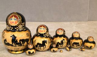 Russian Matryoshka 10 Nesting Doll Set " Horses " Crafts Hand Painted " Signed