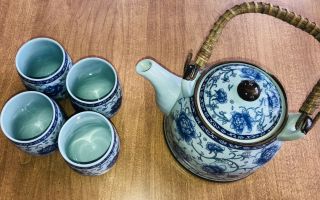 Tea Set Japanese Cobalt On Robin’s Egg Blue Floral Teapot & 4 Tea Cups China