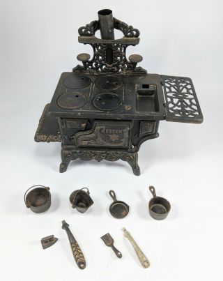 Vintage Crescent Cast Iron Miniature Toy Stove Salesman Sample Accessories