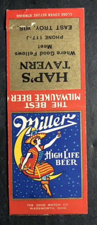 Miller High Life Girl On Moon Beer Matchbook Cover Hap’s East Troy Wisconsin