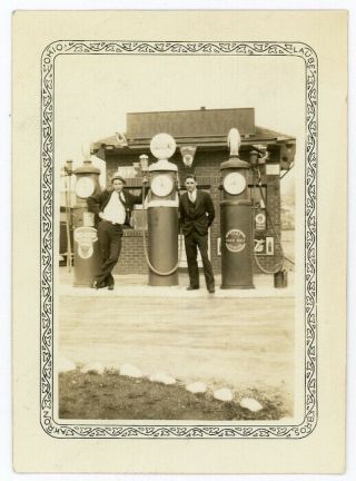 Antique Snapshot Photo Men Posing Gas Station Pumps Gasoline Sign Travel Fuel