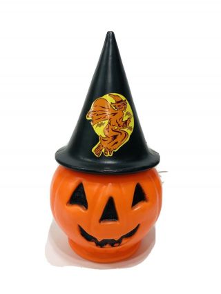 Vintage Halloween Jack O Lantern Pumpkin Witch Hat Light Blow Mold 15”