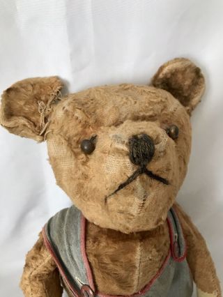 Antique Mohair Stick Teddy Bear 1920s Well Loved With Handmade Overalls