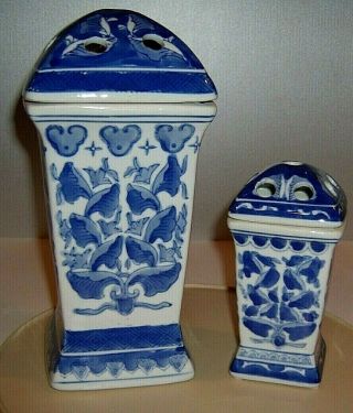 Vintage Chinese Ceramic Blue & White Floral Design Vases Set Of 2