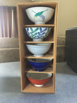 5 Vintage Japanese Ramen Rice Bowls In Wooden Crate Rare Signed By Artist