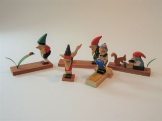 Vtg Erzgebirge East German Wood Carvings (5) Gnomes Elves / Skiing Boy 2 "