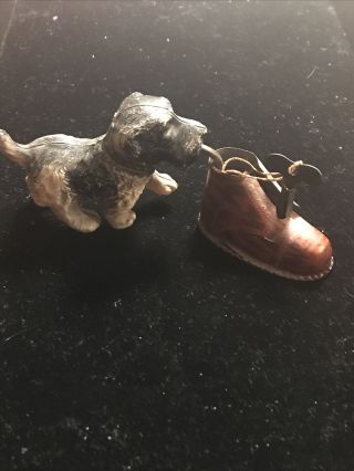 Vintage Celluloid Scottie Dog Biting Tin Boot Wind Up Toy Japan Hand Painted