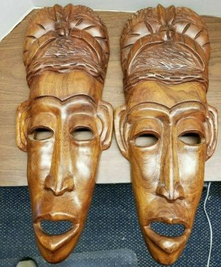 Set Of 2 Similar Wooden Tribal Masks Carved African Wall Art 22 " Long Dark