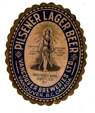 1930s Vancouver Breweries,  Vancouver,  Canada Lager Beer Label