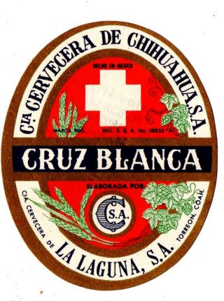 1930s Cervecera Chihuahua Brewery,  La Laguna,  Mexico Cruz Blanca Beer Label