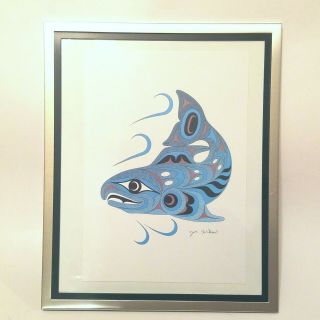 Joe Wilson,  Native,  Salish Artist Blue Fish Print Signed Matted Framed 9 X 11