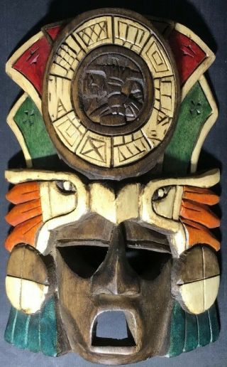 Vintage Aztec Mayan Wood Mask 1970s Hand Carved & Painted