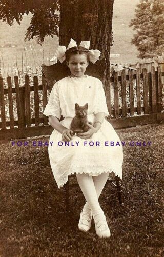 4x6 Photo Print Of Little Girl Child Sits With Tiny Kitten Cat On Lap