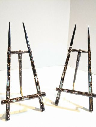 Pair Vtg Asian Inlaid Mother Of Pearl Lacquer Easel Art Stand Unique Lovely