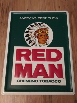 Vintage Red Man Chewing Tobacco Embossed Metal Sign Enamel Gas Station 16 " × 12 "