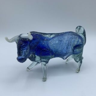 Vintage Art Glass Blue Bull Hand Blown Applied Horns Figurine