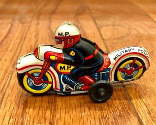 Vintage Nomura Friction Military Police Motorcycle Tin Toy Made In Japan 1950’s
