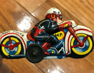 VINTAGE NOMURA FRICTION MILITARY POLICE MOTORCYCLE TIN TOY MADE IN JAPAN 1950’s 2