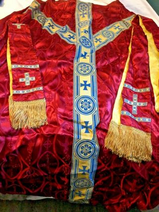 Gorgeous Vintage Catholic Priests 3 Piece Red & Gold Brocade Chasuble Set