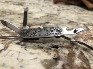 Vintage 2” Oriental Japan Sterling Silver Gents Etched Camp Utility Pocket Knife 3