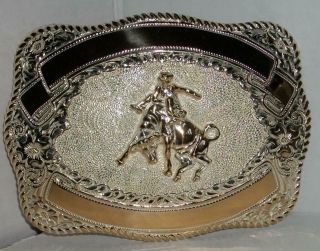 Large Vintage Western Belt Buckle / Crumrine / Rodeo Cowboy Bronco / Orig Box