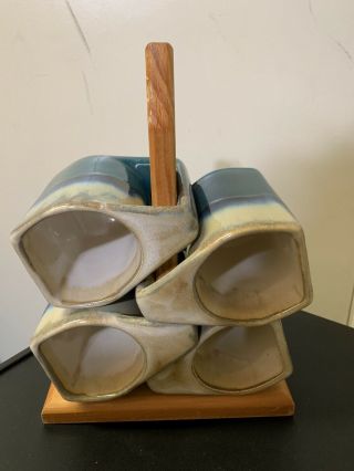 Padilla Dripped Glazed Pottery Coffee Mugs Cups Set Of 4 W Tree Signed