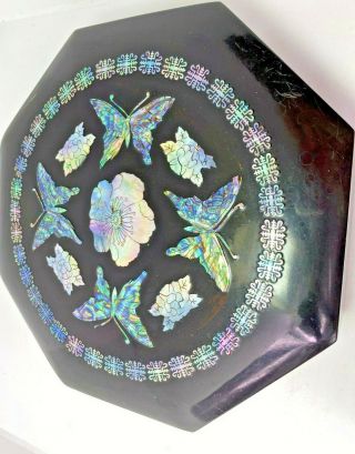 Vintage Black Lacquer Jewelry Box With Abalone Butterflies And Flowers Octagon S